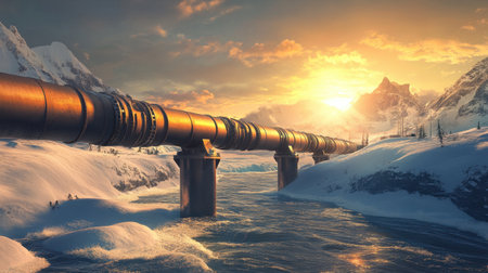 A stunning winter scene featuring a pipeline stretching across snow-covered mountains, with a vibrant sunset illuminating the landscape and river below.の素材