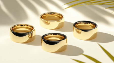A visually striking arrangement of four elegant gold rings on a soft surface, enhanced by subtle shadows and tropical elements for a chic, luxurious feel.の素材