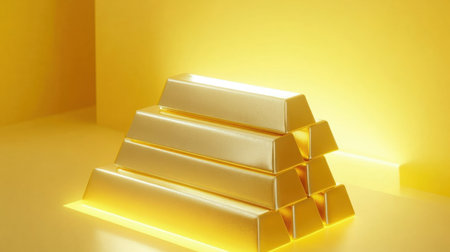 A striking arrangement of shiny gold bars stacked on a vibrant yellow background representing wealth, prosperity, and luxury in finance and investment.の素材