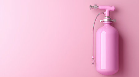 A stylish pink fire extinguisher set against a soft pink background, representing modern safety awareness in home and interior design settings. Perfect for creative projects.の素材