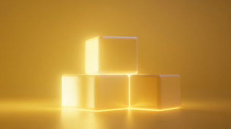 This striking image features three glowing cubes arranged in an abstract composition against a soft yellow background, creating a warm and tranquil atmosphere.の素材