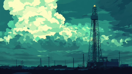 A stunning image of an industrial oil rig against a beautifully textured sky filled with dramatic clouds, showcasing an ambient blend of blue and green tones.の素材