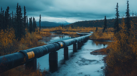 A striking image capturing a long pipeline traversing a tranquil river, surrounded by vibrant autumn foliage and a dramatic overcast sky.の素材