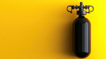 A sleek black fire extinguisher positioned against a vibrant yellow backdrop, symbolizing fire safety. Ideal for safety awareness and prevention campaigns.の素材