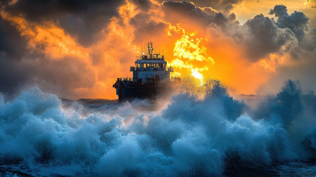 A powerful ship battles against crashing waves under a vibrant sunset, with dramatic clouds enhancing the coastal scenery. The mood captures nature's intensity.の素材
