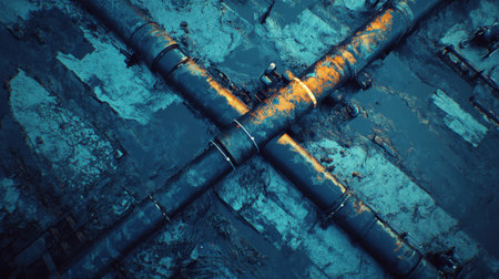 An aerial view showcases a network of rusted pipes crossing over a muddy industrial landscape, highlighting nature and man-made elements in a gritty environment.の素材