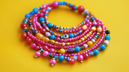 This vibrant beaded necklace features an array of colors and patterns, perfect for adding a pop of style to any outfit. Displayed on a bright yellow background, it highlights the beauty of handcrafted jewelry.の素材