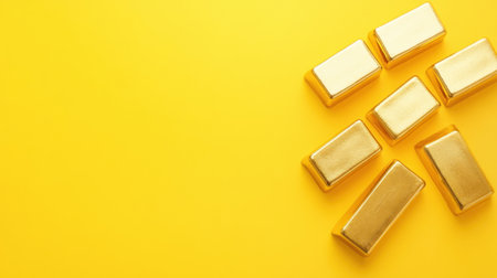 A collection of shiny gold bars arranged on a vibrant yellow background, symbolizing wealth, luxury, and financial prosperity. Perfect for finance themes.の素材