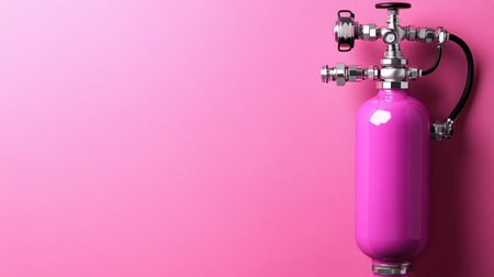 This image features a bright pink fire extinguisher mounted on a vibrant pink wall, blending safety with modern aesthetics. Perfect for interior design inspiration.の素材