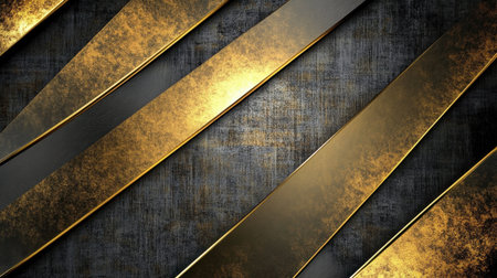 This elegant gold and black abstract background features smooth, shining stripes on a textured surface, perfect for modern design projects and artwork.の素材