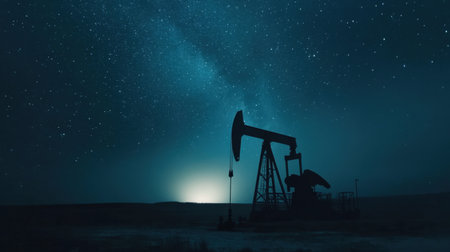 A stunning night view of an oil pump jack silhouetted against a starry sky featuring the Milky Way. This image captures the serene beauty of rural landscapes and the connection between industry and nature.の素材