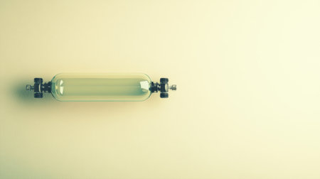 This image features a transparent glass cylinder with metal valves against a light background, ideal for scientific and industrial usage in various contexts.の素材