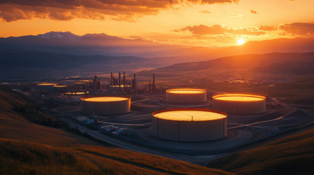 A breathtaking sunset casts warm hues over industrial oil tanks, highlighting the beauty of the landscape with mountains and reflections in the foreground.の素材