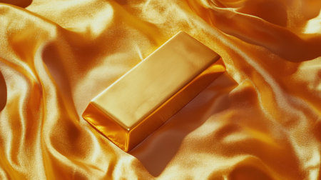 A gleaming gold bar rests elegantly on luxurious satin fabric, symbolizing wealth and opulence. The shiny surface reflects light, enhancing its allure.の素材