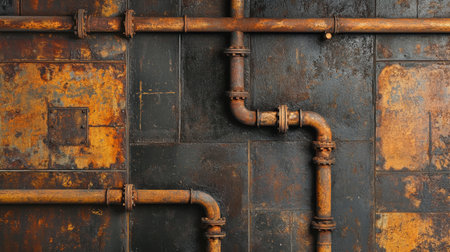 Close-up view of rustic industrial pipes on a textured metal surface revealing rich rust and patina, perfect for design, art, and engineering themes.の素材