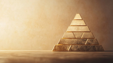 A stunning golden pyramid structure made of gold bars symbolizes wealth and prosperity. Soft lighting enhances its luxurious feel on a simple background.の素材