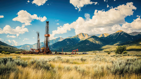 A stunning view of an oil drilling rig set against a dramatic mountainous backdrop, showcasing the intersection of nature and industry under a bright sky.の素材