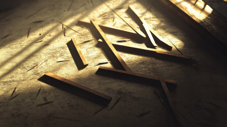 A captivating image showcasing wooden strips scattered on a surface, beautifully illuminated by gentle morning light casting intriguing shadows.の素材