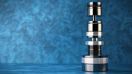 A striking image of a metallic weight stack against a blue textured background, perfect for showcasing strength training equipment and fitness themes.の素材