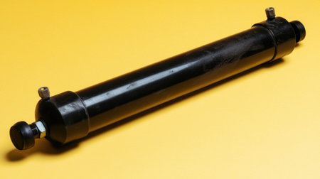 A heavy-duty hydraulic cylinder displayed on a vibrant yellow background, ideal for showcasing industrial applications, mechanical systems, and engineering tools.の素材