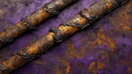 A close-up view of rusty metal bars set against a vibrant purple background, highlighting the contrast between decay and color, ideal for creative projects.の素材