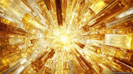 Experience the stunning visual of a radiant burst of light surrounded by reflective crystals in warm golden tones, creating an enchanting abstract atmosphere.の素材