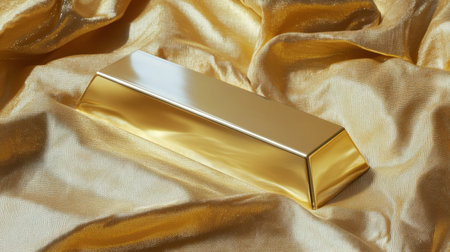 A stunning gold bar resting elegantly on soft golden silk fabric, highlighting luxury and opulence. The rich textures and shine create a captivating visual effect.の素材