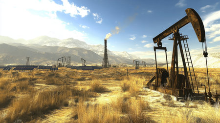 A scenic view of oil derricks standing tall in a vast desert landscape, surrounded by mountains under a clear blue sky. The image represents the energy industry and natural resource extraction.の素材