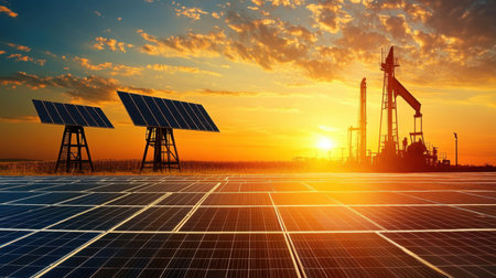 This image captures a stunning sunset over a renewable energy landscape, showcasing solar panels alongside an oil rig, symbolizing the energy transition.の素材