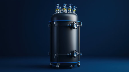 This image showcases a sleek industrial pressure vessel designed for storage and processing. Featuring multiple valves and gauges, it highlights modern engineering applications.の素材
