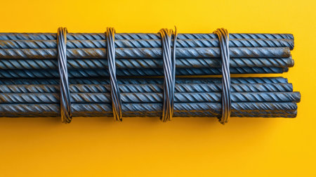 This image showcases coiled steel rebar stacks against a vivid yellow background, ideal for projects in construction, architecture, and engineering.の素材