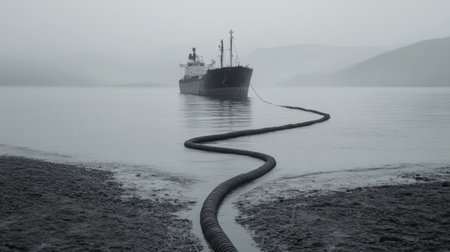 A serene foggy scene shows a cargo ship anchored in still waters, with a long hose extending from the vessel to the shore, surrounded by misty mountains.の素材