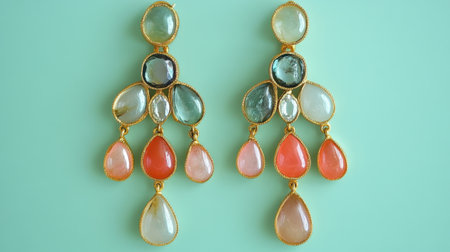 Stunning earrings featuring a rich array of colorful gemstones set in gold, perfect for adding elegance to any outfit on a soft green backdrop.の素材