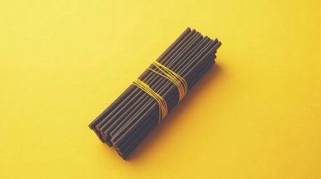 This image showcases a bundle of uncooked black pasta neatly tied with an elastic band on a bright yellow background, ideal for culinary visuals.の素材