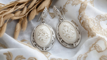 These elegant vintage earrings feature a stunning floral embossing, showcased against a delicate fabric background, capturing timeless beauty and detail.の素材