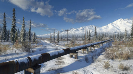 A stunning winter scene featuring a snow-covered pipeline stretching through a remote landscape. Tall trees and majestic mountains complete the serene atmosphere.の素材