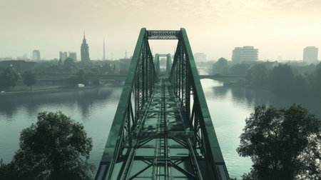 This aerial photograph showcases a stunning metal bridge spanning a calm river, surrounded by an ethereal foggy urban skyline, creating a serene atmosphere.の素材