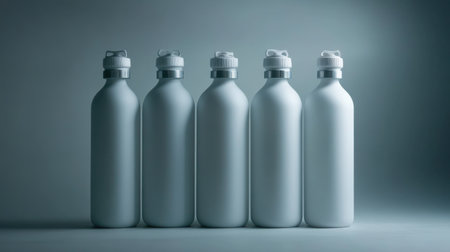 A collection of five minimalist white water bottles arranged in a row against a soft light background. Perfect for promoting hydration and eco-friendly habits.の素材