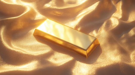 A stunning gold bar lies gracefully on a smooth satin fabric, illuminated by soft light, evoking a sense of luxury, wealth, and elegance.の素材