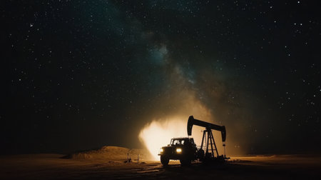 A tranquil nighttime scene shows an oil pumping operation silhouetted against a star-filled sky in a vast desert landscape, showcasing industrial energy extraction.の素材