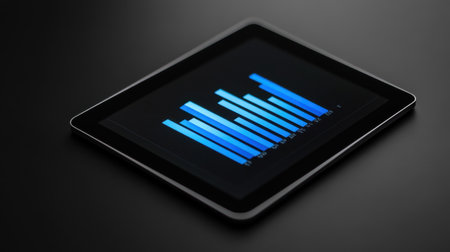 A sleek tablet rests on a dark surface, showcasing a vibrant bar graph that represents data analysis and business insight, ideal for presentations.の素材