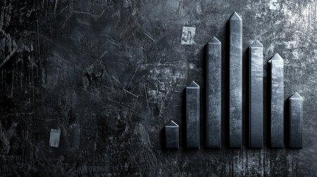 An abstract representation of a metallic bar graph set against a dark grunge background. This image symbolizes data growth, financial trends, and modern analysis.の素材