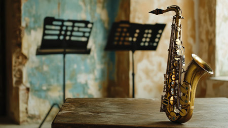 A striking saxophone rests on a polished wooden table, emphasizing its golden hues, with music stands in the artistic room background, inviting creativity.の素材
