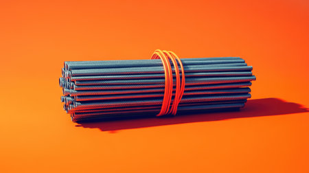 A dynamic composition featuring a bundle of steel rods tightly secured with an orange band, set against a striking orange background, ideal for industrial themes.の素材