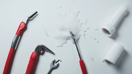A flat lay image showcasing various tools used for plumbing maintenance including wrenches, pliers, and soap foam on a clean white surface.の素材