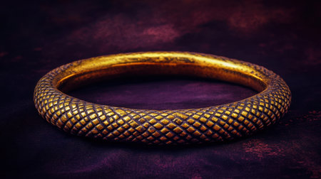 This striking image features an elegant golden bangle with an intricate snake skin pattern, beautifully set against a rich purple background, emphasizing its luxurious design.の素材