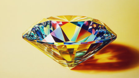 This image showcases a beautifully cut crystal gemstone with vibrant multicolored reflections set against a soft background, exuding elegance and luxury.の素材