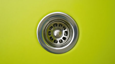A sleek stainless steel sink drain featuring a round strainer sits against a vibrant bright green background, showcasing modern kitchen design and functionality.の素材