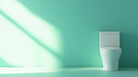 This image showcases a minimalist bathroom featuring a sleek white toilet against a soft aqua wall, bathed in natural light, ideal for modern design concepts.の素材