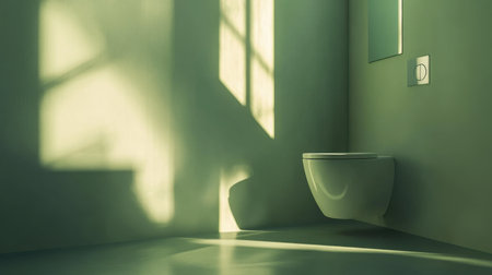 This serene bathroom interior features a wall-mounted toilet, softly illuminated by natural light filtering through a window. A minimalist design creates a tranquil atmosphere, perfect for relaxation.の素材